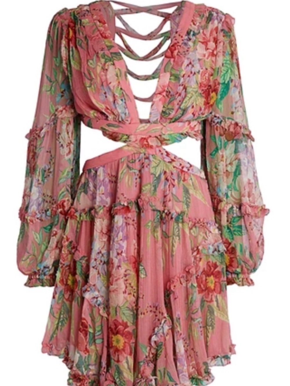 Zimmermann Pink Floral Long-Sleeve Cutout Mini Dress